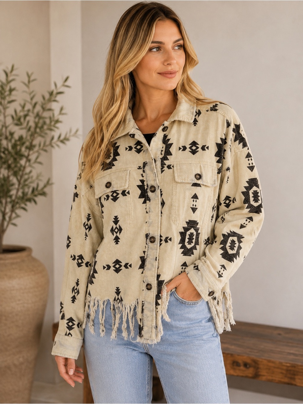 BiBi Cream and Black Aztec Fringed Jean Jacket